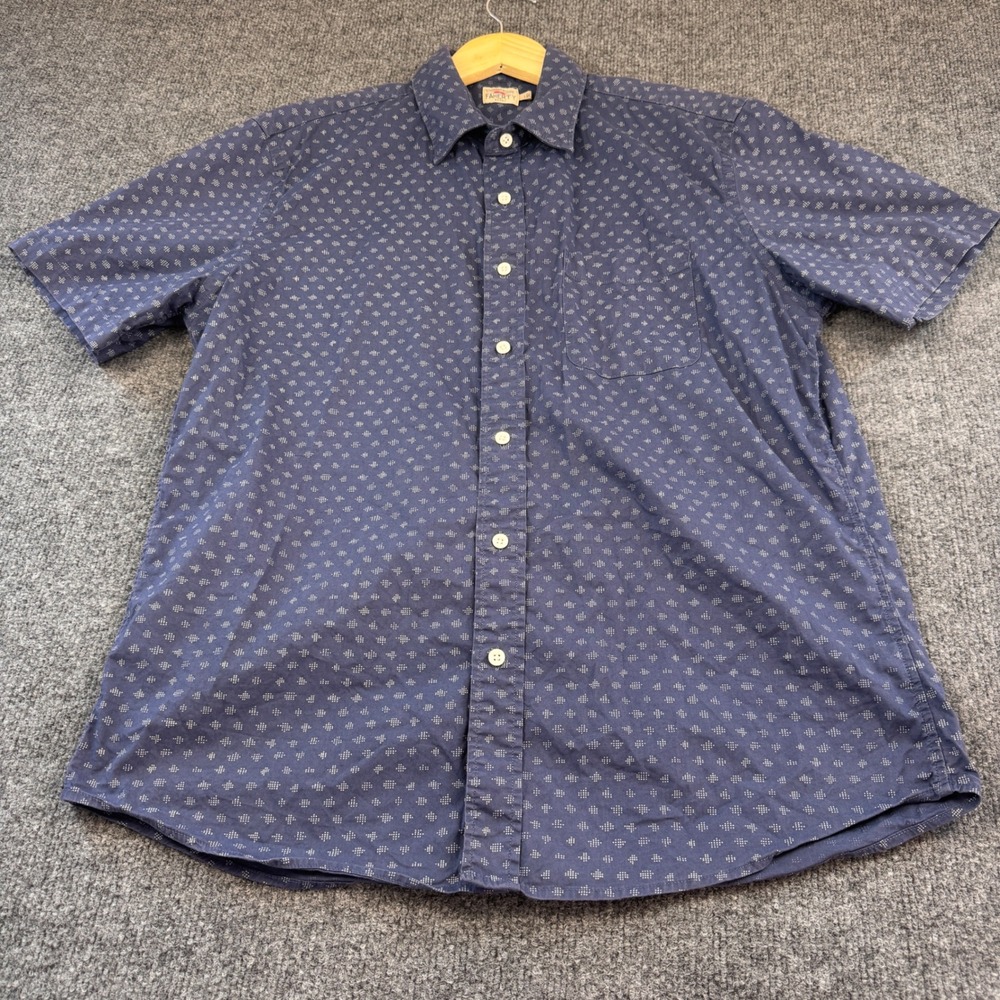Faherty Button Down Shirt Mens Large Navy Blue Good Geometric Short Sleeve